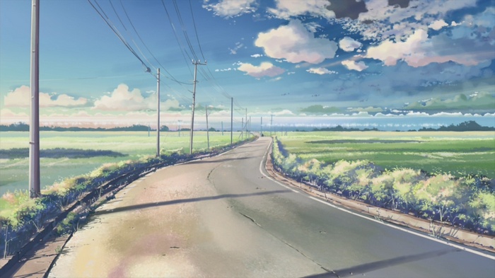 Anime landscape with a road and fields