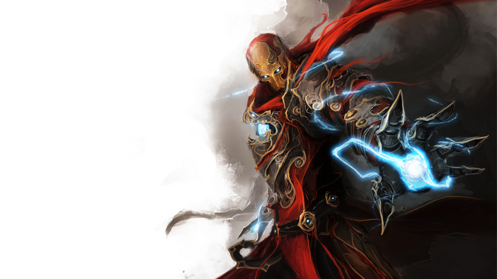 Iron Man in ornate armor with blue energy
