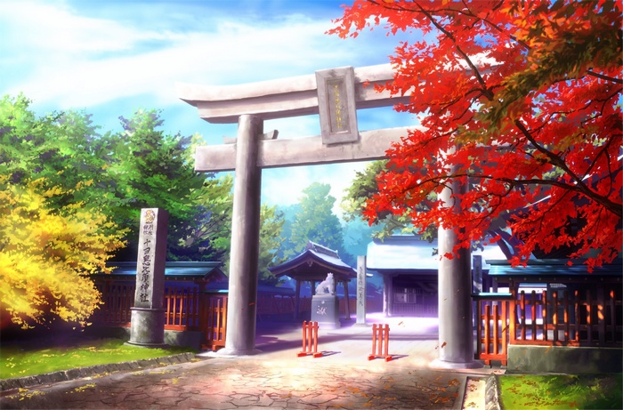 Anime shrine with torii gate and autumn leaves