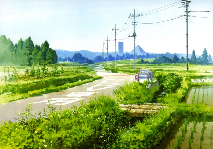 Anime landscape with a road and rice paddies