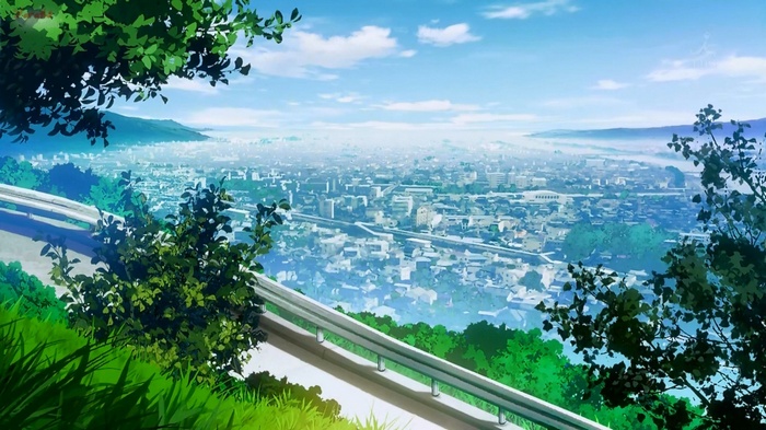 Anime cityscape viewed from a hill with trees