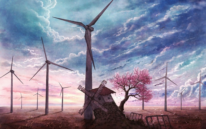 Anime landscape with wind turbines and a cherry blossom tree