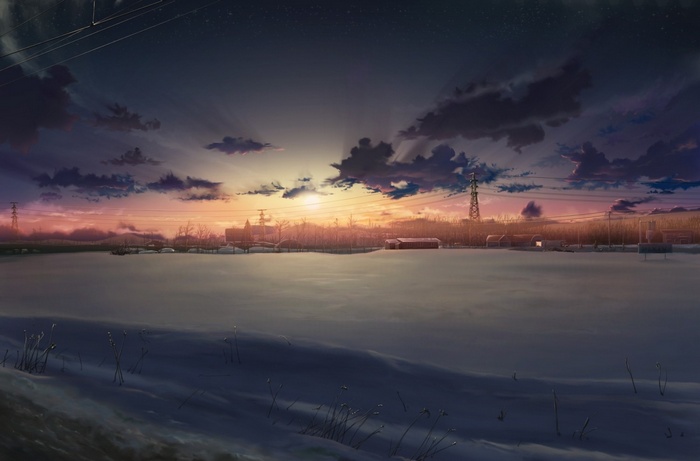 Anime landscape with sunset over a snowy field