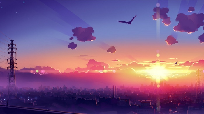 Anime cityscape at sunset with birds flying