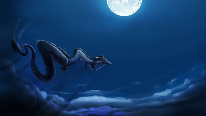 Haku the Dragon flying under the Moon