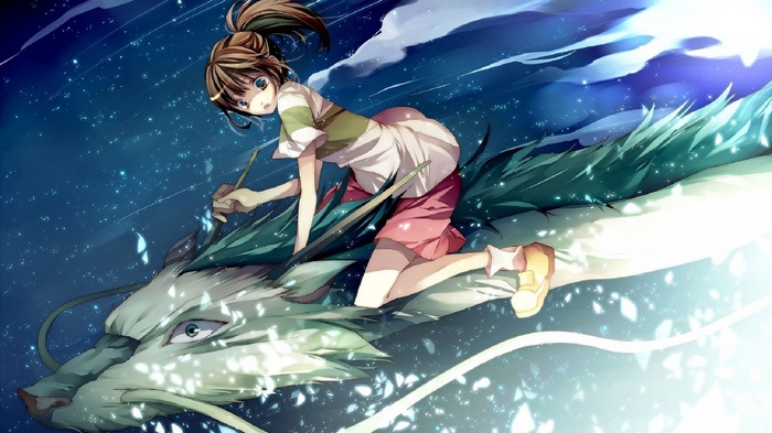 Chihiro riding on Haku the dragon in Spirited Away