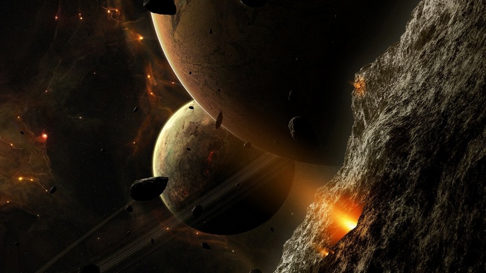 Asteroids and planets in deep space with nebulae