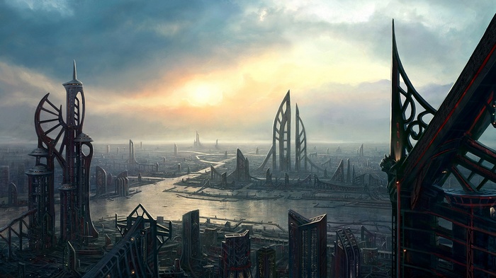 Futuristic city with towering spires and a river