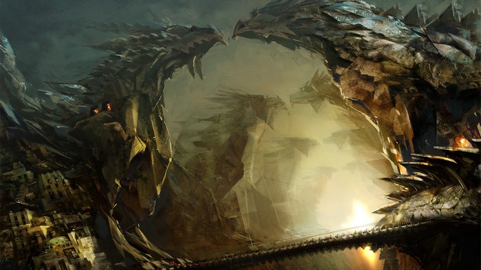 Guild Wars 2 concept art of dragon-like rock formations