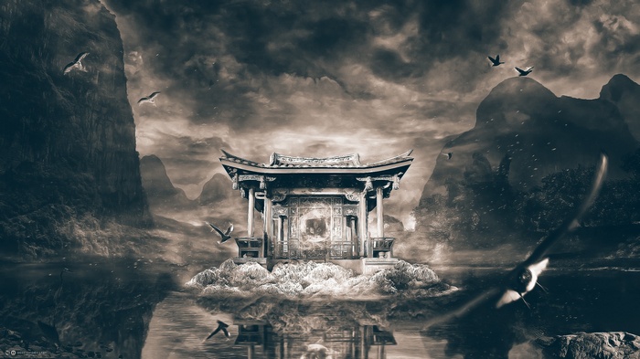 Fantasy Temple on a Rocky Island with Birds