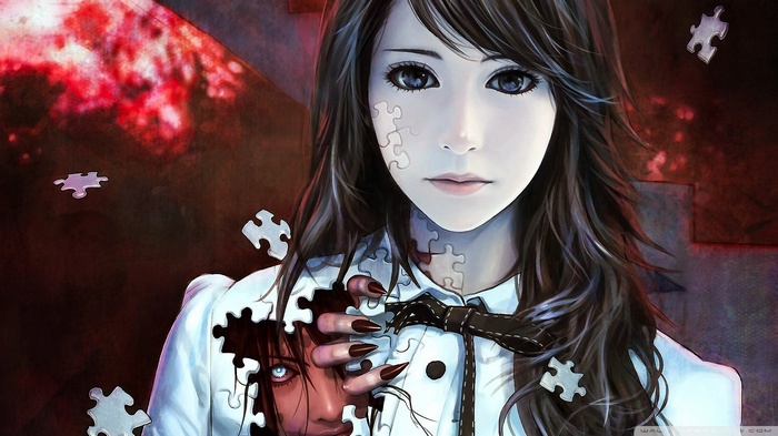 Anime girl with puzzle pieces and a hidden face