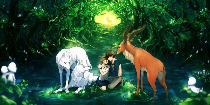 Princess Mononoke Forest Scene with Ashitaka and San