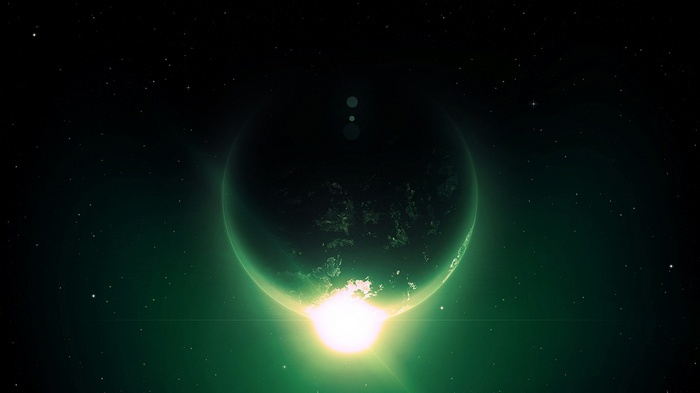 Planet with bright sunrise in space