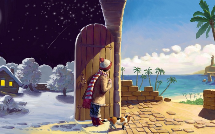 Child and cat at a magical doorway between winter and summer