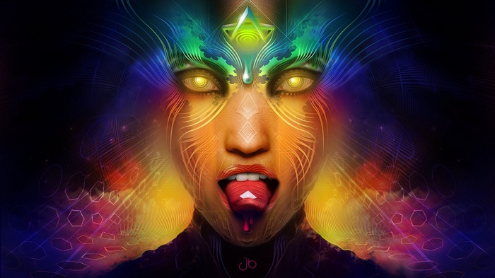 Psychedelic woman with colorful abstract patterns