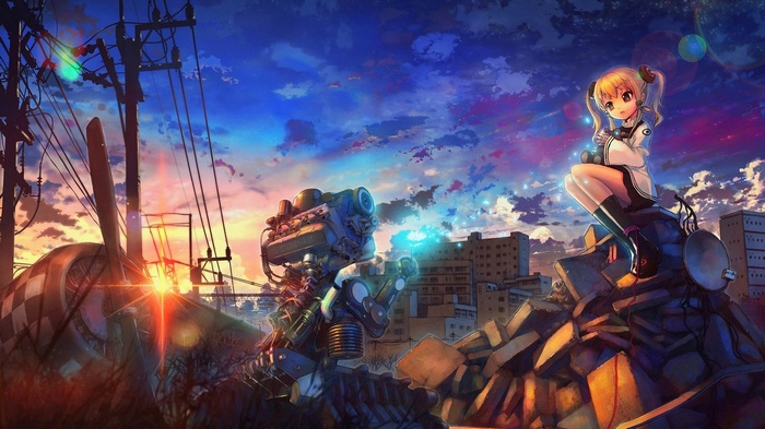 Anime girl and robot in destroyed city at sunset