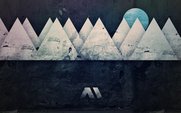 Abstract geometric mountain landscape with a blue circle
