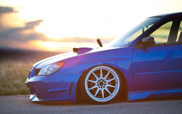 Blue Subaru WRX STI Stance Car at Sunset