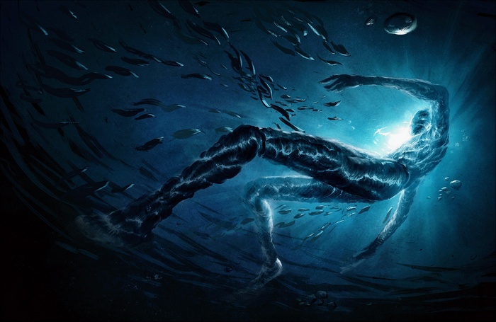 Fantasy art of a man made of water underwater