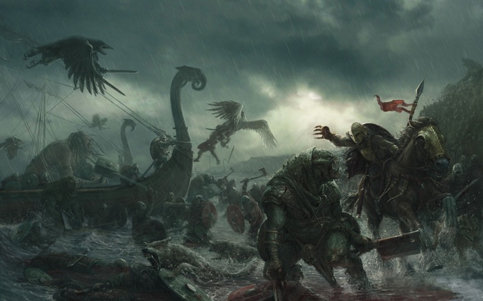 Vikings and creatures in a chaotic battle