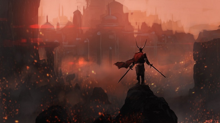 Fantasy warrior in a burning city