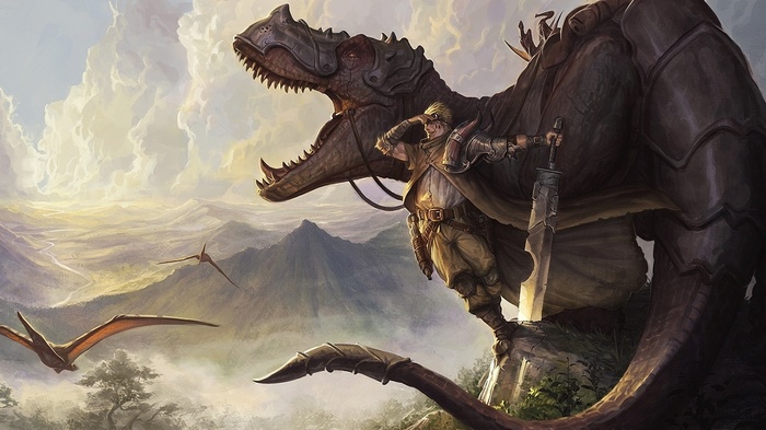 Man with sword riding a dinosaur