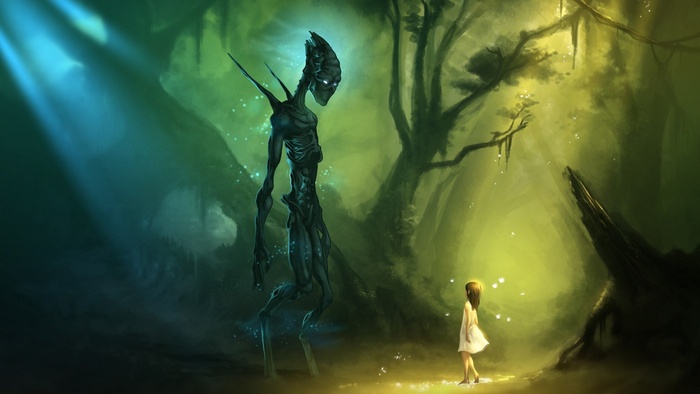 Fantasy art of a girl and a creature in a forest
