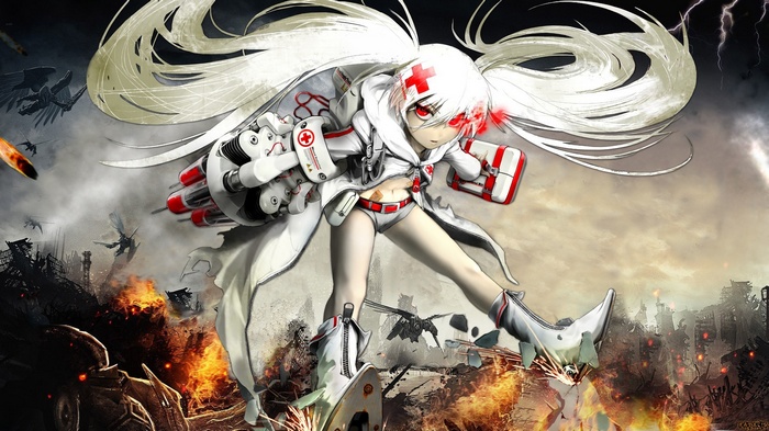 Black Rock Shooter with red eyes and white twintails