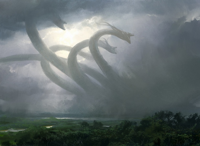 Mythological Hydra emerges from stormy clouds over a landscape
