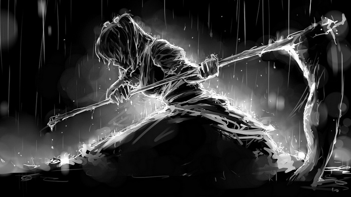 Anime girl with scythe in the rain