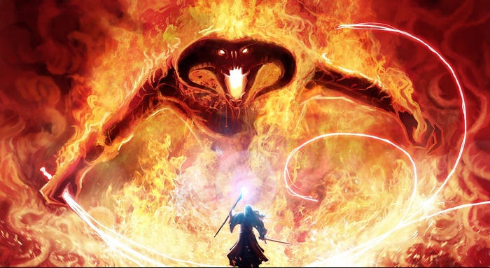 Gandalf confronts the Balrog in Moria