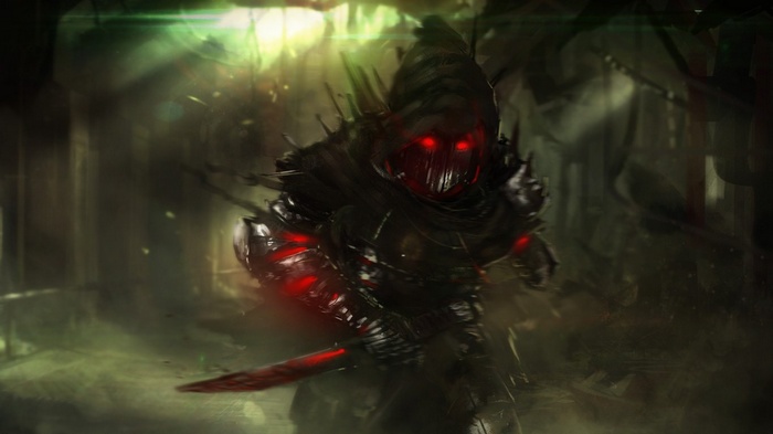 Dark fantasy warrior with glowing red eyes and dagger