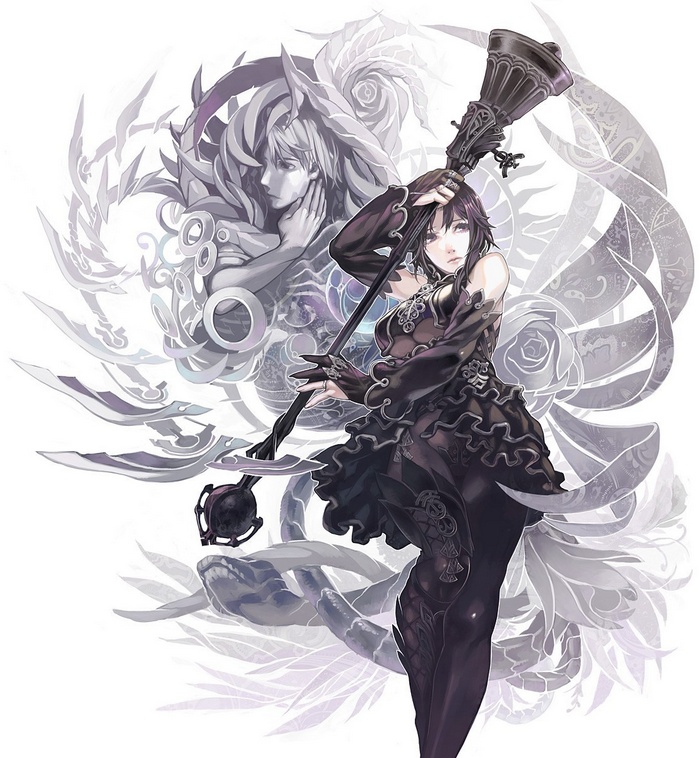 Anime artwork of a woman with a staff and a man behind her