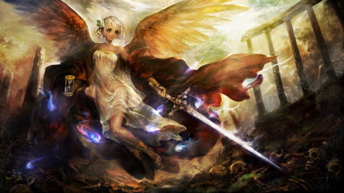 Angel with sword and hourglass in ruins