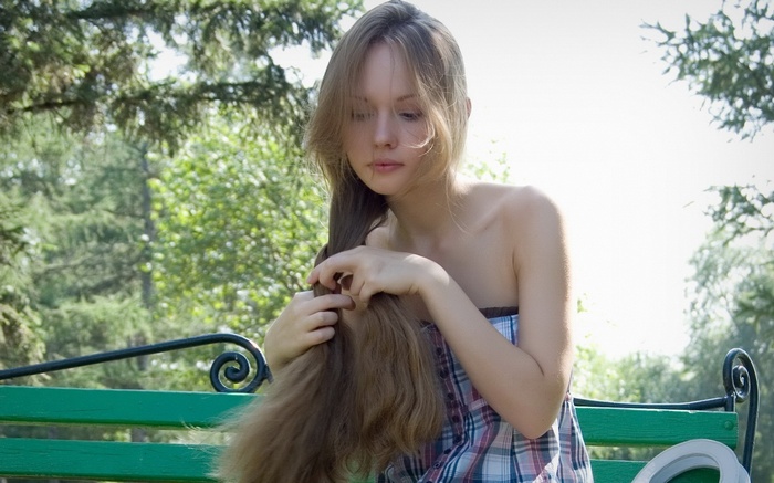 women model bare shoulders women outdoors bench long