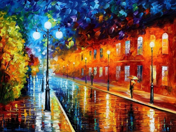 Leonid Afremov painting of a rainy street at night