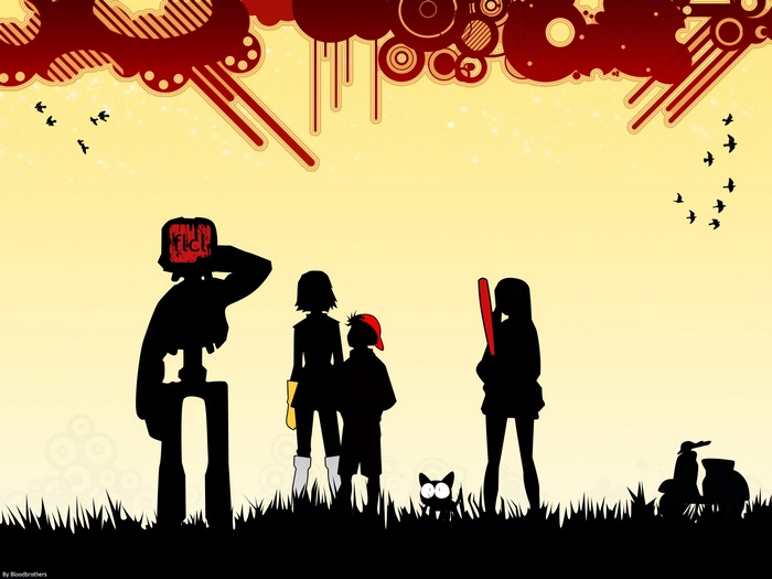 FLCL characters Canti, Nandaba Naota, Samejima Mamimi, Haruhara Haruko