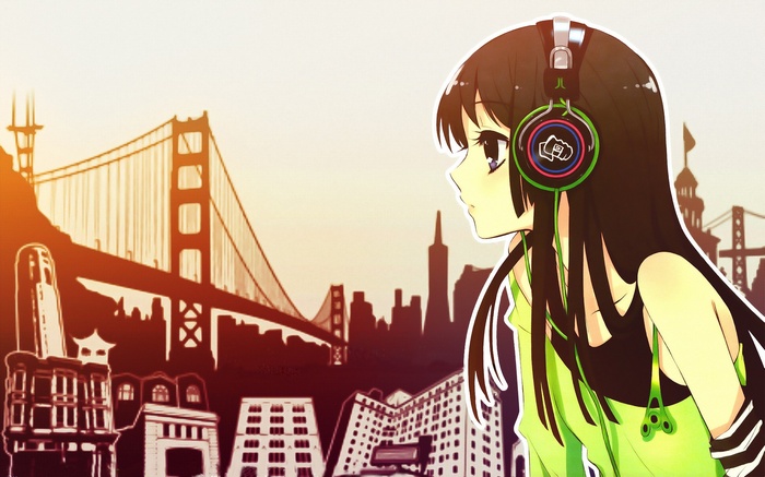 Anime girl with headphones in front of Golden Gate Bridge