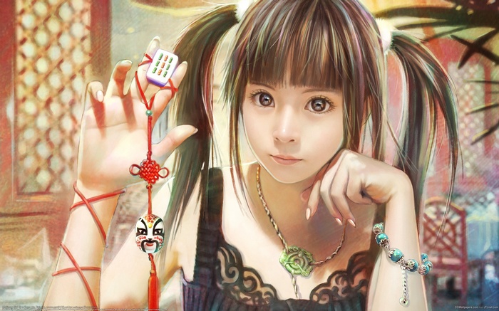 Anime girl with pigtails holding mahjong tile charm