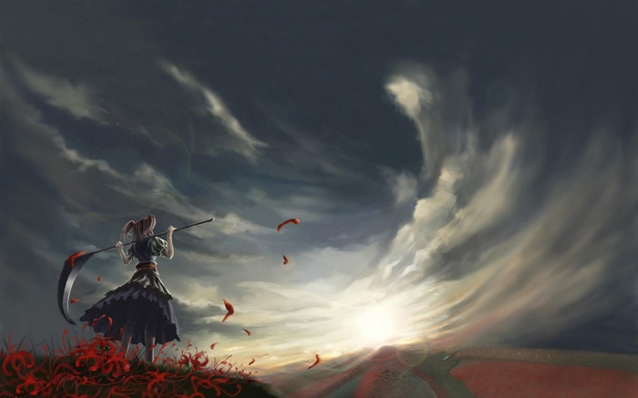 Onozuka Komachi with a scythe in a field of flowers
