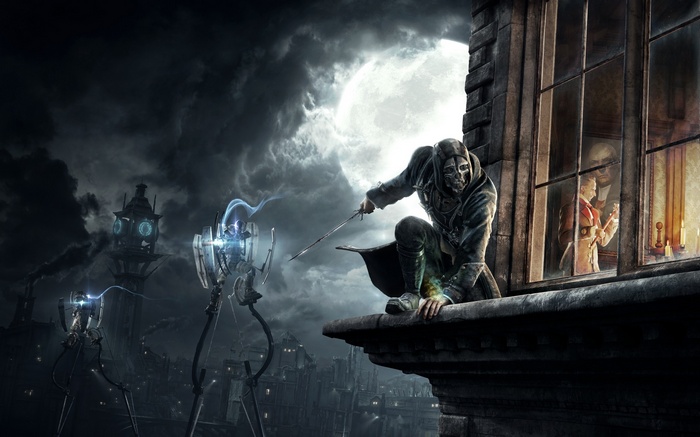Corvo Attano in Dishonored on a rooftop at night