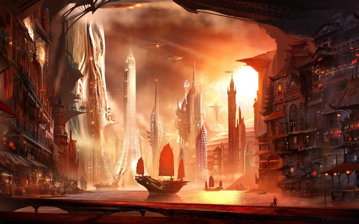 Futuristic city with sailing ships and flying vehicles