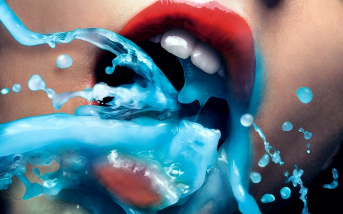 Woman with red lipstick and blue liquid splashing