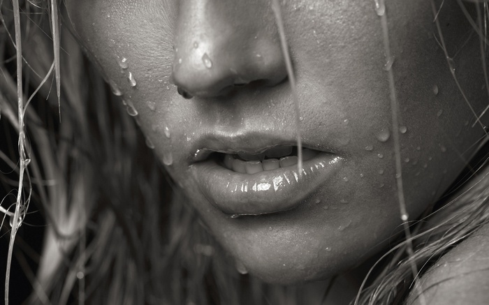 Closeup Face Monochrome Lips Wet Body Rain Mouths Women Juliane Raschke Water Drops Open Mouth Wet Hair