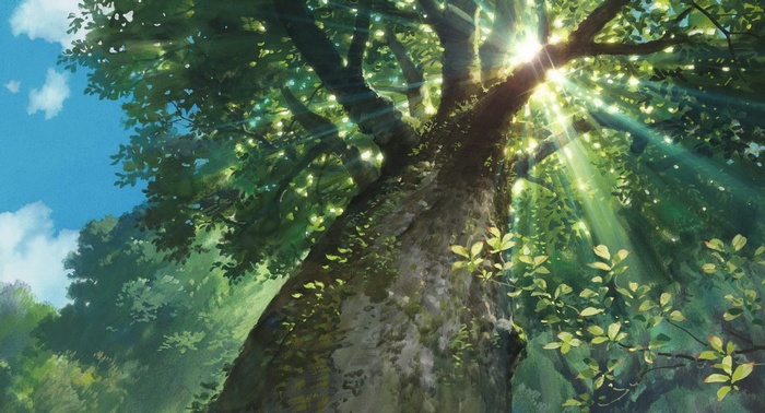 Sunlight filtering through trees in a Studio Ghibli style