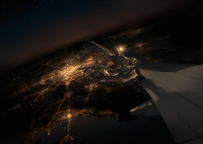 Hatsune Miku on an airplane wing over a city at night