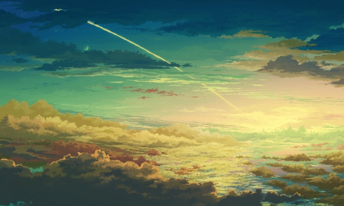 Anime sky with clouds and contrails