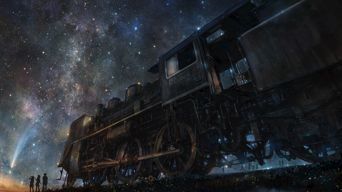 Steam train under a starry sky with a comet