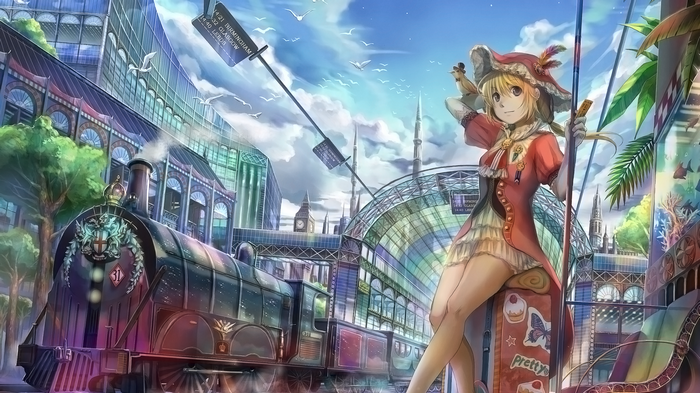 Anime girl at a train station with a train