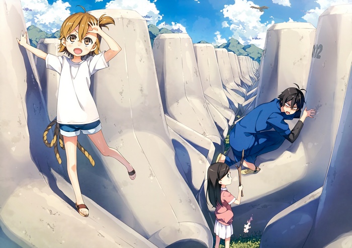 Barakamon characters on tetrapods under the sky